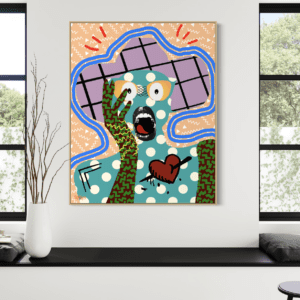 "Shattered Heart" canvas art by Henrix featuring a polka-dotted figure and arrow-pierced heart